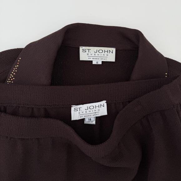 Vintage St John Evening Skirt Suit Set 16 14 Brown Santana Knit Rhinestone Luxur - Picture 7 of 12